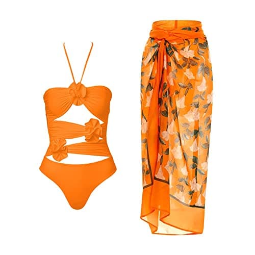 Image of IDOPIP Women's One Piece Swimsuit with Beach Cover up Wrap Skirt Sarong Halter Floral Print Bikini Set Two Piece Bathing Suit, Orange - Halter, Medium