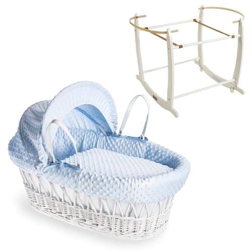 Image of Clair de Lune Dimple White Wicker Moses Basket with Grey Deluxe Rocking Stand (Blue)