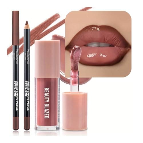 Image of Lip Gloss and Lip Liner Set, Tinted Lip Gloss with Lip Pencil, Waterproof Long Lasting Glossy Lip Combo, Nude Lip Makeup Kit for Women (#V05+104)