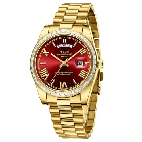 Image of NIBOSI Men Watches Analogue Quartz Diamond Bezel Rose Gold Silver Watch for Men Waterproof Business Classic Dress Wristwatch with Day Date(Gold Red)