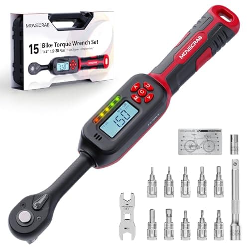 Image of MOVECRAB Digital Torque Wrench, 1/4" Drive Bike Torque Wrench Set 1.5-30Nm (1.1-22.1ft-lb), S2 Steel Bits, ±2% Accuracy, 8/10mm Brake Spanner, Extension Bar, Sockets for MTB/Road Bike/Gun Maintenance
