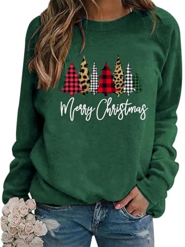 Image of WIEIYM Christmas Sweatshirt Women Chrtistmas Tree Graphic Print Jumper Long Sleeve T Shirt Unisex Pullover Causal Crewneck Tops for Women/Men S-XXL Green