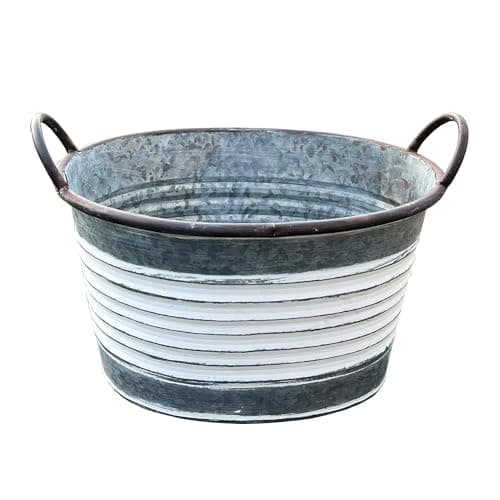 Image of Alfie Francis 36.5cm W x 24cm H Oval Galvanised Zinc Metal Garden Planter with Handles Outdoor Plant Pot Vintage Ribbed Barrel Tub Decoration