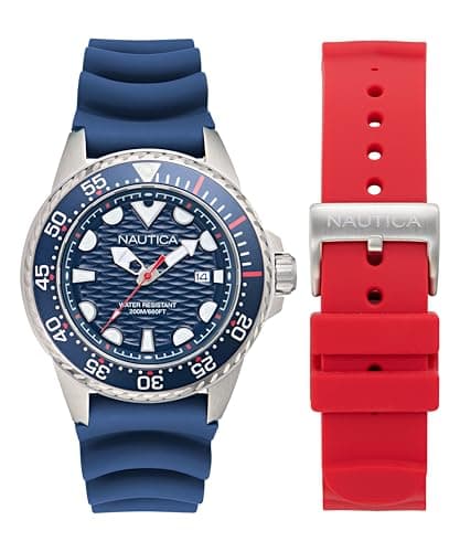 Image of Nautica Men's NCT Sea Dive Silicone Watch, Blue-Red/Blue/Silver