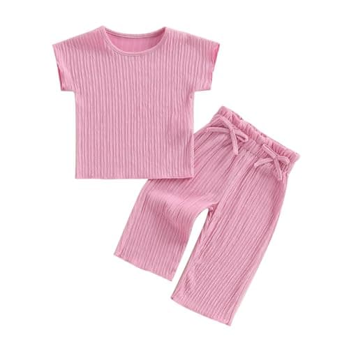 Image of Geagodelia Toddler Baby Girl Spring Summer Outfits Short Sleeve Solid Color T-Shirt Sweatshirt Top Shirts with Elastic Waist Bowknot Pants Sets 2Pcs Clothes for Little Girls (Pink, 2-3 Years)