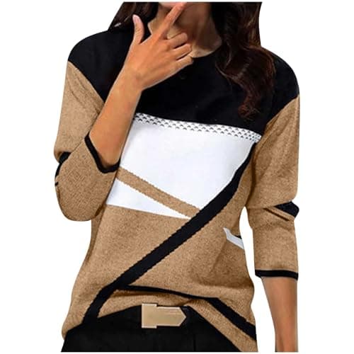 Image of Women's Warm Elegant Printed Crew Neck Comfortable Pullover Long Sleeve Knitted Casual Sweatshirt, khaki, S