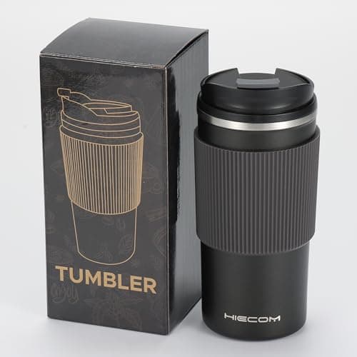 Image of Hiecom Coffee Cup Vacuum Insulated Travel Mug with Double-Wall, Heat-Resistant Design, Non-Slip Silicone Grip, and Leakproof Lid for Hot and Cold Beverages…