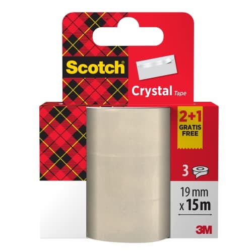 Image of Scotch Crystal Clear Tape, Promo Pack of 2 Rolls + 1 FREE, 19 mm x 15 m - Provides a Strong and Permanent Bond