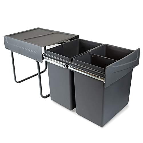 Image of Emuca - Waste containers with lower fixing for kitchen, 2 removable 20L recycling bins, total capacity 40 L (2 x 20 L), steel and plastic, anthracite grey.