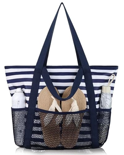 Image of HOMESPON Beach Tote Bag for Women with Zip and Pockets Large Waterproof Mesh Holiday Handbag for Travel Swimming Pool Shopping Gym(Blue Stripe)