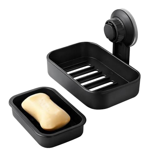 Image of Soap Dish for Bathroom Suction Cup Soap Holder Max Hold 5KG Wall Mounted Soaps Case with Drainage Plastic Soap Bar Box Removable Draining Soaps Dishes No Drill and Glue for Bathtub Kitchen Sink, Black