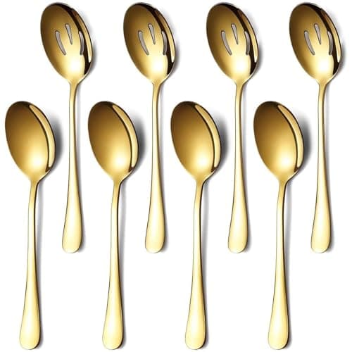 Image of Amusingtao 8-Piece Gold Serving Spoons Set - 4 Solid & 4 Slotted Stainless Steel Spoons for Formal Dining, Buffets, Parties & Everyday Use