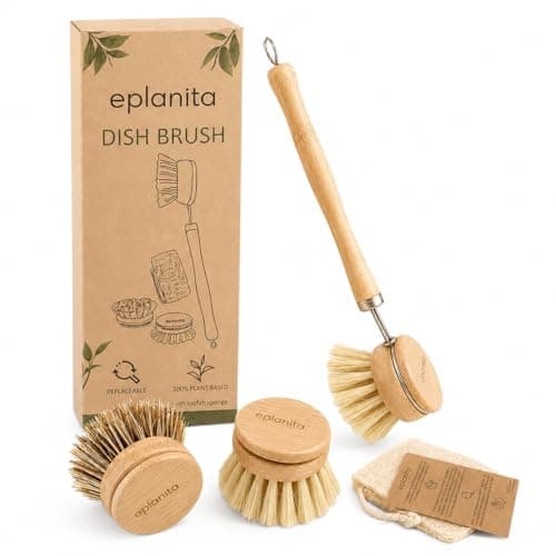 Image of eplanita Natural Dish Brush, 3 Replacement Heads, Kitchen Eco Bamboo Scrubber Brushes, Extra Plant Sponge, Plastic Free Washing Up, Zero Waste Cleaning