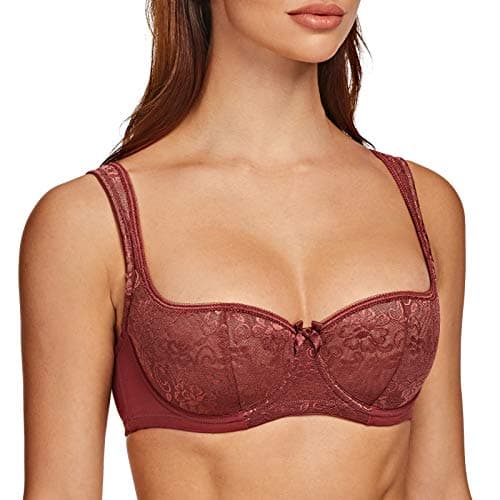 Image of MELENECA Women's Balconette Bra with Padded Strap Half Cup Underwire Sexy Lace Cabernet Red 36E