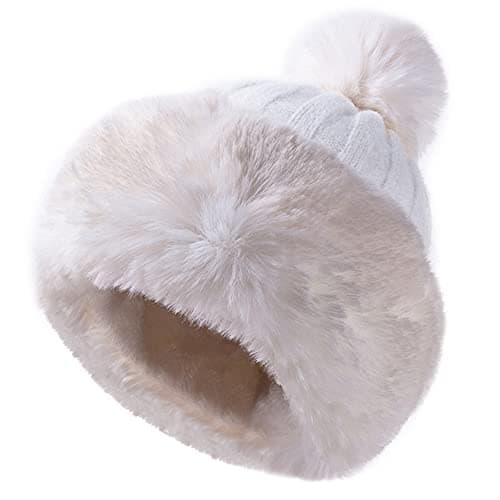 Image of JFAN Fluffy Winter Women’ s Hat Skull Beanie Knitted Cap Fashionable Russian Hat Pompom Beanies Outdoor, Pink