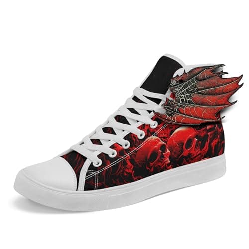 Image of AWSOLE Men's Gothic Winged High-Top Canvas Sneakers Red Skull Leather Wings Fashion Unisex Halloween Punk Style Walking Shoes