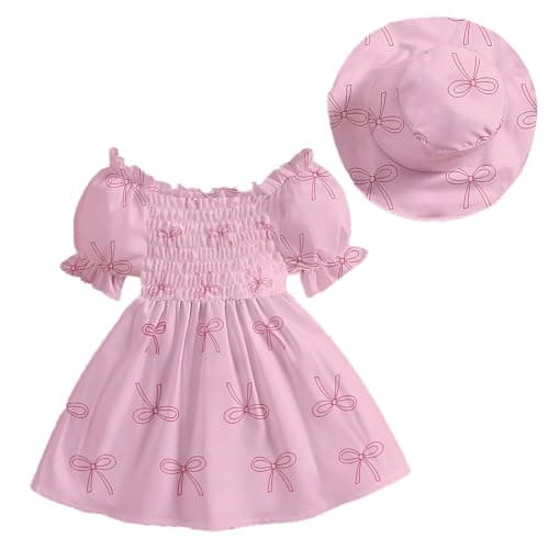 Image of Eqenkely Toddler Baby Girl Dresses Sleeveless Flower Princess Sundress with Hat for Beach Pink Floral Print 6-9 Months