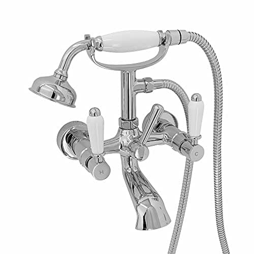Image of ENKI, Downton, BT0510 Wall Mounted Bath Shower Mixer Tap with White Ceramic Levers Chrome