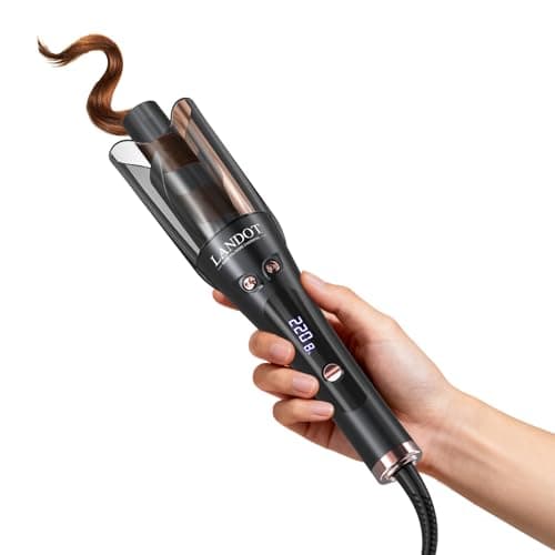 Image of Landot Hair Curler Automatic Rotating,Ceramic Curling Wand with Anti-Scald Guard & Tangle-Free Technology, 8 Heat Settings & Dual Voltage for Salon Curls at Home, Ideal for Beginners - Classic Black