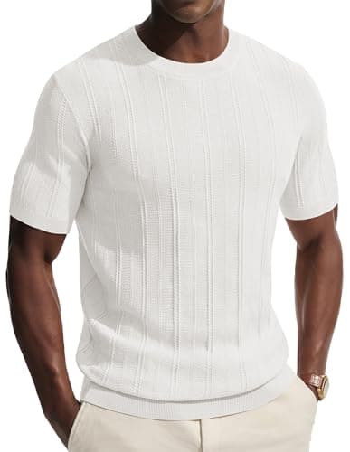 Image of PJ PAUL JONES T Shirts for Men UK Short Sleeve Knitted Tee Shirt Crewneck Summer Casual Ivory White L