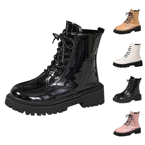 Image of Momolaa Black Ankle Boots for Women Patent Leather Platform Lug Sole Combat Booties Lace up Low Block Chunky Heel Side Zipper Fall Winter Black Military Boot Shoes Stylish Footwear Gift Size 7