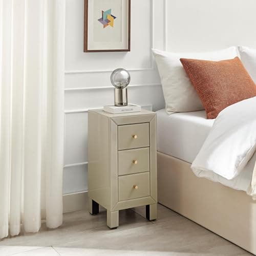 Image of Furniturebox UK Lexi Contemporary Small Taupe Mirrored Bedside Table, Grey Beige Slimline Side Table Bedroom Cabinet Modern Slimline 3 Drawer Reflective Stylish Bedroom Furniture
