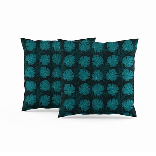 Image of ggaimwf Leaves Cushion Covers Set of 2 Tropical Palm Leaf Linen Look Vintage Square Pillowcase Covers Dark Green Neutral Home Decor Sofa Terrace Bed Seat Living Room Decorative Pillows Cases 40x40cm