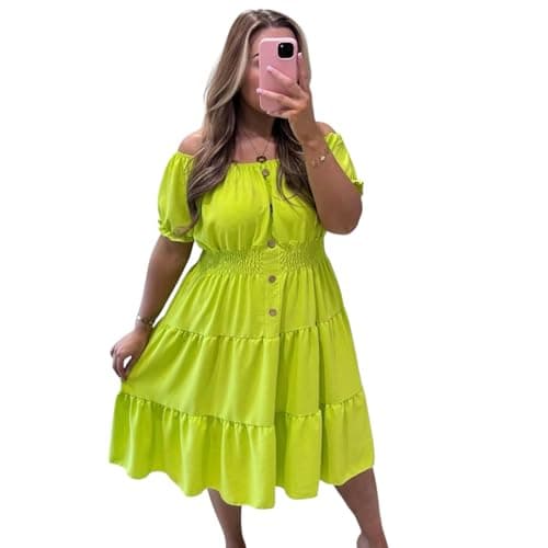 Image of Women’s Magic Button Midi Dress Plain Casual Short Sleeve Elasticated Off Shoulder Sundress Swing Basic Italian Solid Color Summer Dress for Women Plus Size (Lime Green, UK 12-24)