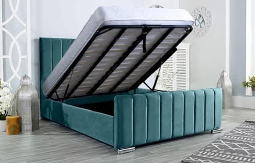 Image of AuGold Beds Upholstered Ottoman Bed 5FT King –China Blue Plush King Size Bed Frame with Headboard, Footboard & Lift-Up Storage Base – Durable Modern Design for Stylish Compact Bedrooms