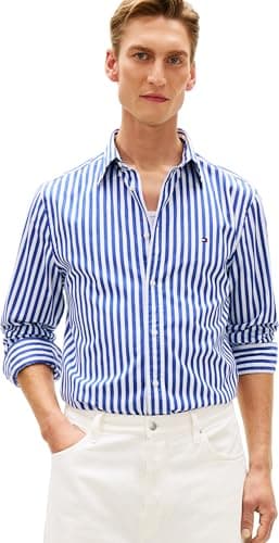 Image of Tommy Hilfiger Men's Flex Poplin Classic STP Rf Shirt MW0MW42440 S/S Shirt, Blue, XL