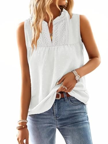 Image of TUUHAW Summer Vest Tops Women UK Sleeveless Ruffle White Womens Tank Top Lace Bohemian Womens Shirts Cute Elegant Business V Neck Womens Blouses Loose Plain Ladies Peasant Office Smocked S