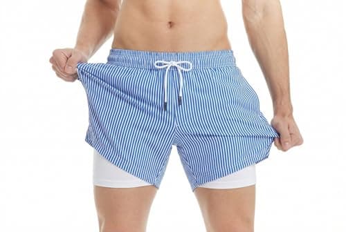 Image of MaaMgic 5" Mens Swim Shorts with Compression Liner 4-Way Stretch Bathing Suit Swimming Shorts with Pockets,Blue White Stripes,M