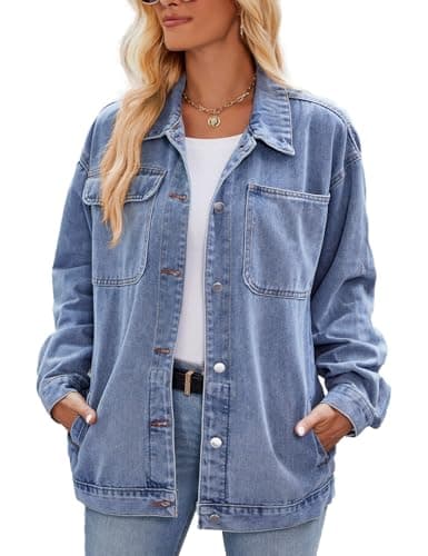 Image of Sukany Women's Retro Casual Denim Jacket Oversized Button Up Long Sleeve Loose Lapel Washed Denim Shacket Coat Light Blue M