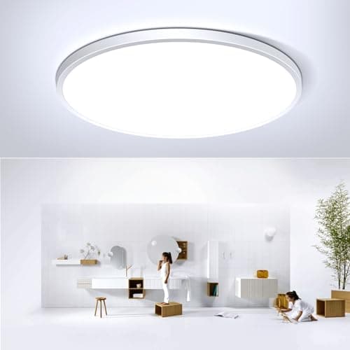 Image of 24W LED Flush Mount Ceiling Light, 6500K Daylight White Bathroom Light, 2000LM, Flat Modern Round Lighting, 240W Equivalent White Ceiling Lamp for Kitchens, Hallway, Bedrooms.etc. 10.6in/27cm