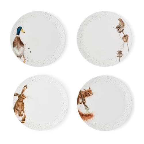 Image of Royal Worcester x Wrendale Designs Set of 4 White Coupe Plates - Fine Bone China Dinner Plates Featuring Charming Animal Characters, Beautifully Illustrated by Artist Hannah Dale, 26.6cm