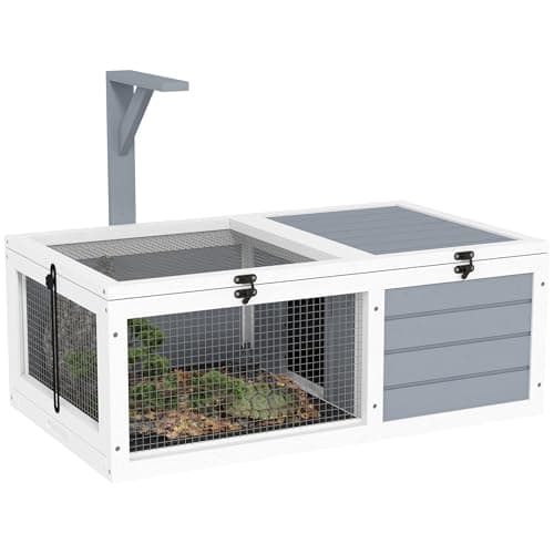 Image of PawHut Tortoise House, Wooden Tortoise Enclosure, Tortoise Habitat with Lamp Holder, 2 Pull-Out Trays, Hideaway, Run, for Indoor, Outdoor, Light Grey