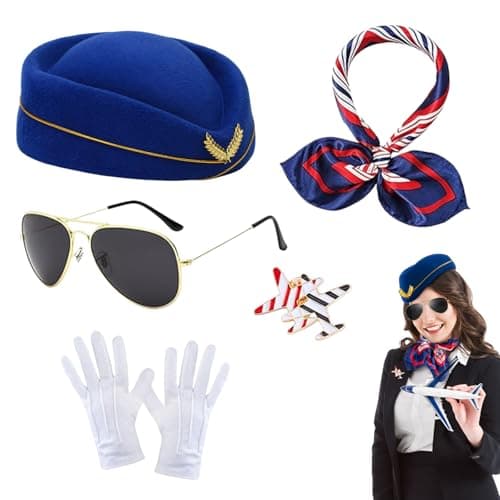Image of MUNSKT 5Pcs Flight Attendant Costume Accessories Set,Creative Airline Stewardess Dress Set with Scarves Stewardess Hat Gloves Sunglasses Brooch Carnival Fancy Dress Up Cosplay Outfit.