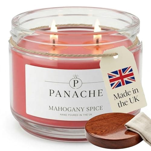 Image of Panache Mahogany Spice Scented Candle – Double Wick Soy Wax Candle, 48 Hour Burn Time, Hand Poured in UK, Clean Burning Cotton Wicks, Luxury Glass Jar Candle for Home Fragrance & Gifts (320g)