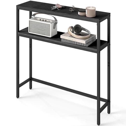 Image of VASAGLE Console Table, 2-Tier Slim Sofa Table, 20 x 80 x 80 cm, Hallway Table with 2 Shelves, for Living Room, Entryway, Charcoal Gray and Ink Black LNT130B22V1