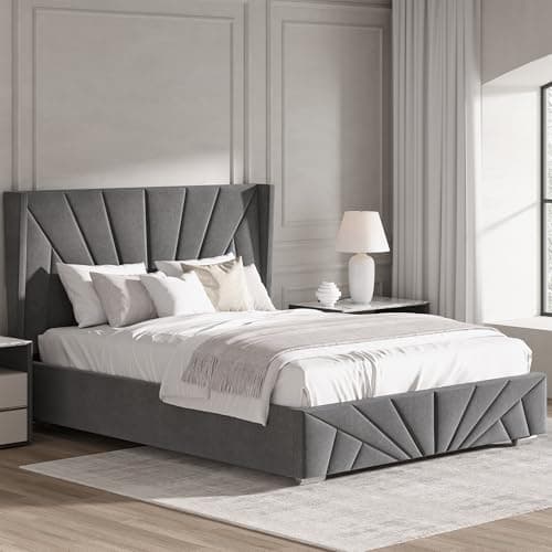 Image of Blisswood King Size Ottoman Bed Frame, Upholstered Gas Lift-Up Storage Bed with Headboard, 5ft Kingsize Velvet Finish, Wooden Slats Bed Frame for Bedroom & Guest Room (150x200cm Dark Grey_No Mattress)