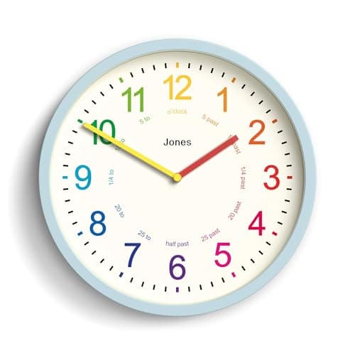 Image of Jones Clocks® Kids wall clock | Small modern children’s clock | 25cm | Pale blue | Colourful numbers | Learn to tell the time