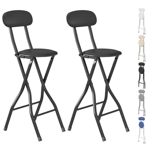Image of mcc direct Folding Bar Stools Set of 2, Breakfast Barstool Kitchen Restaurant Seating, Faux Leather Foldable Chairs with Metal Frame, Padded High Chairs(Black)