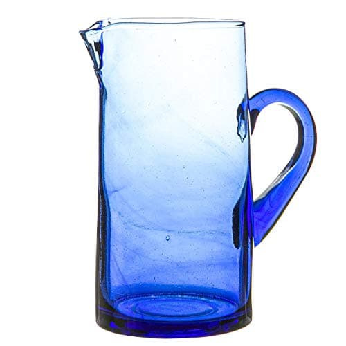 Image of Nicola Spring Jebel Recycled Glass Jug - 1L - Blue - Sustainable Hand-Blown Moroccan Glass Pitcher Carafe for Water, Juices, Cocktails, Home, Bar, Eco-Friendly Gift