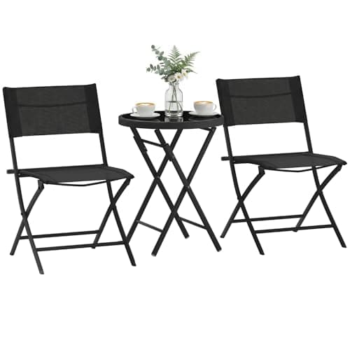 Image of Outsunny 3 Pieces Outdoor Bistro Set, Glass Top Outdoor Table and 2 Folding Chairs, Garden Furniture Set with Protecting Feet, Metal Frame, Easy Clean, Black