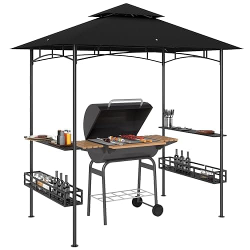 Image of Outsunny 8' x 5' Grill Gazebo Canopy, Double Tiered Outdoor BBQ Gazebo Shelter with 2 Side Shelves, Storage Baskets, Hook for Garden, Patio, Barbecue, Picnic, Dark Grey