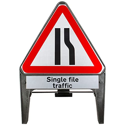 Image of Road Narrows Right With Single File Traffic Supplementary Provision 750mm Triangle Road Sign 517- Plastic Temporary Road Street Traffic Safety Sign for Road and Street Works