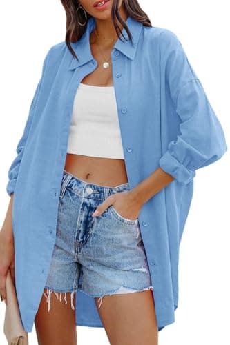 Image of Cicy Bell Women's Blouse Oversized Long Sleeve Button Down Shirts Casual Cotton Top with Pockets, Sky Blue, M