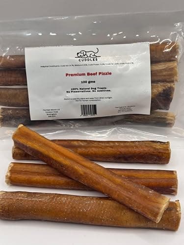 Image of 100 gms THICK approx. 15 cms ie 6 inches long Beef Buffalo Pizzle (4-5 in each pack) Natural Dog Treats Dental Chews Bully Sticks Raw Dog Food Long Lasting