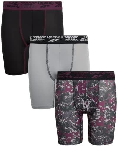 Image of Reebok Boys? Underwear ? Long Leg Performance Boxer Briefs (3 Pack), Size Large, Purple Print/Grey/Black