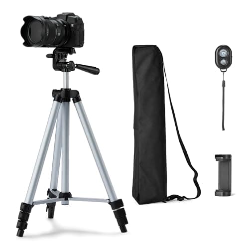Image of Amazon Basics 127cm/50inch Phone and DSLR Camera Tripod, Lightweight, with Bag, Wireless Remote Control and Phone Holder, Adjustable Height, Silver